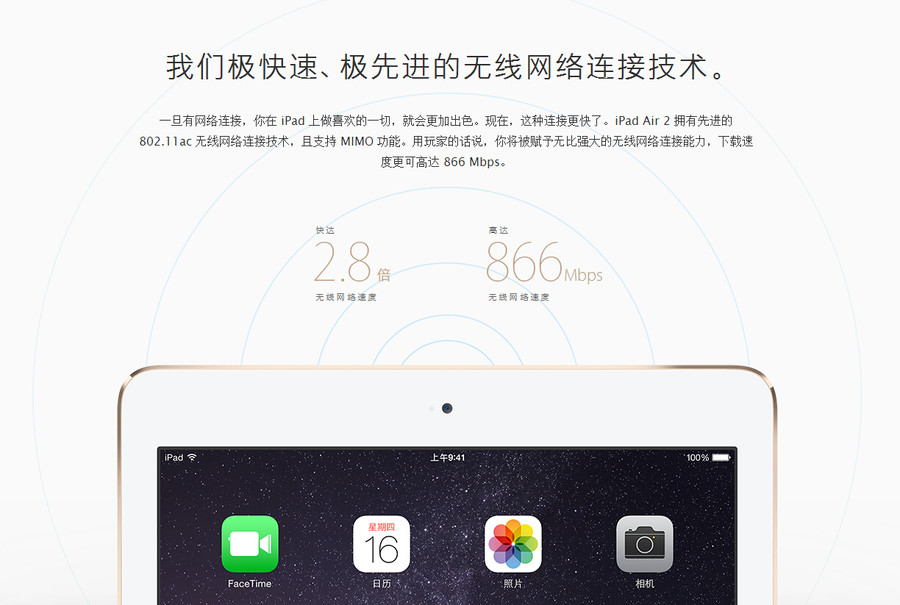 iPad Air 2 ٶԶٶΪϣߴ 866 MbpsWLAN + Cellular ͸Ƚṩߴ 150 Mbps ٶȣǰͿ 50% ֮1ˣʹڴҴг֮УҲӸ硣